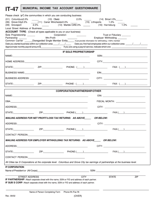 Fillable Form It-47 - Municipal Income Tax Account Questionnaire Printable pdf