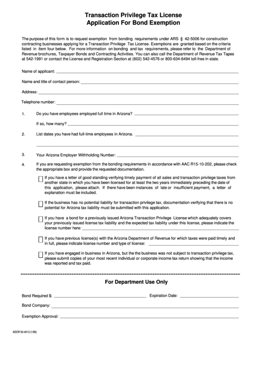 Form Ador 50-4013 - Transaction Privilege Tax License Application For Bond Exemption Printable pdf