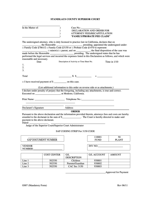Form G007 - Family/probate Fee Claim - Stanislaus County Superior Court, California Printable pdf