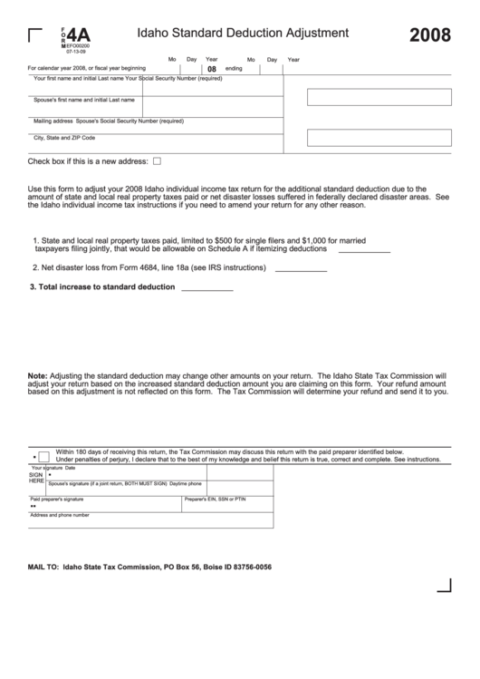 Form 4a - Standard Deduction Adjustment - 2008 Printable pdf