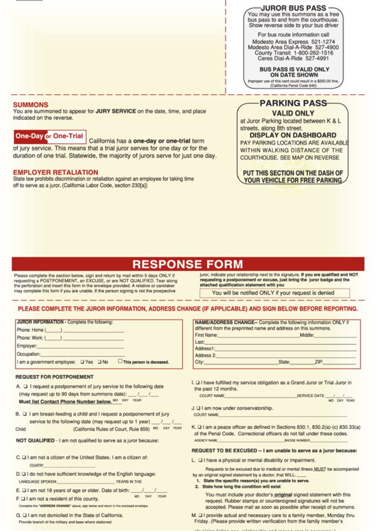 Response Form - County Of Stanislaus, Superior Court Of California Printable pdf