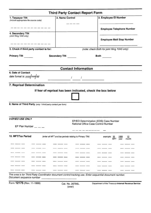 Form 12175 - Third Party Contact Report - Department Of The Treasury - Internal Revenue Service Printable pdf