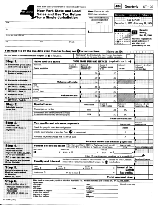 Form St-102 - Quarterly New York State And Local Sales And Use Tax Return - Single Jurisdiction Printable pdf