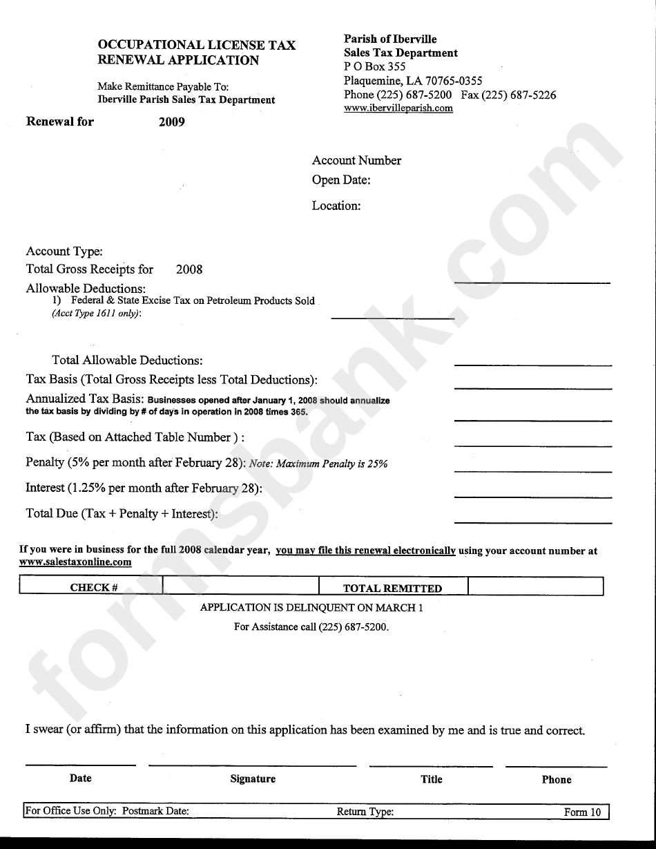 Form 10 - Occupational License Tax Renewal Application