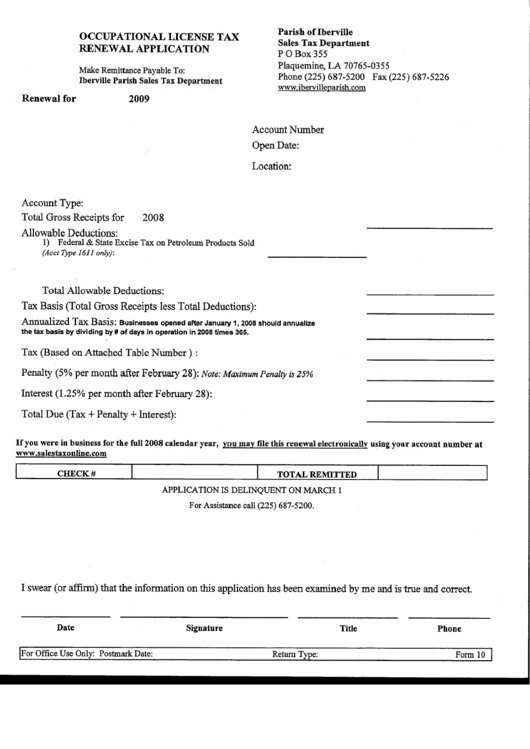 Form 10 - Occupational License Tax Renewal Application Printable pdf