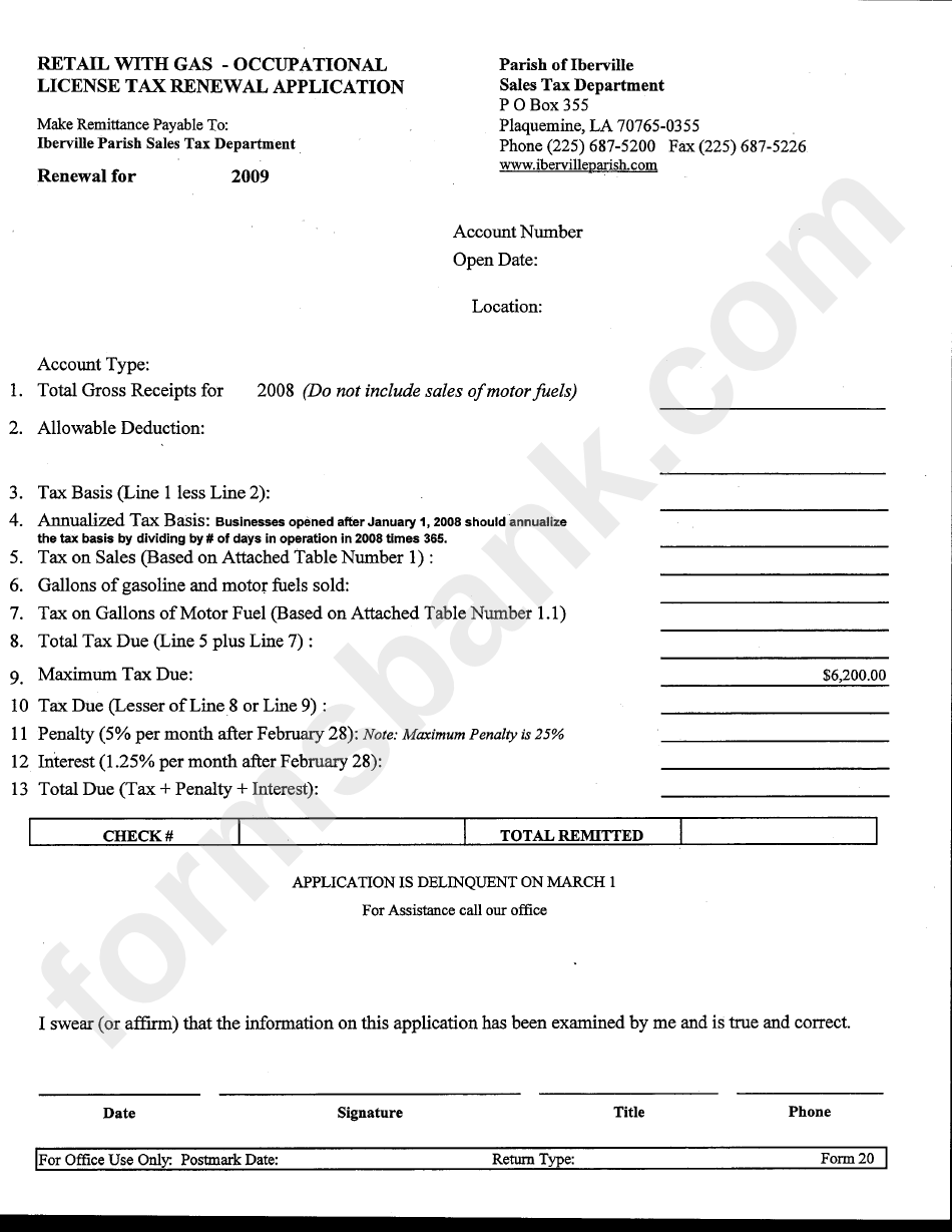 Form 20 - Retail With Gas - Occupational License Tax Renewal Application - 2009