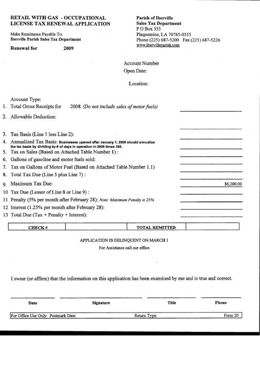Form 20 - Retail With Gas - Occupational License Tax Renewal Application - 2009 Printable pdf