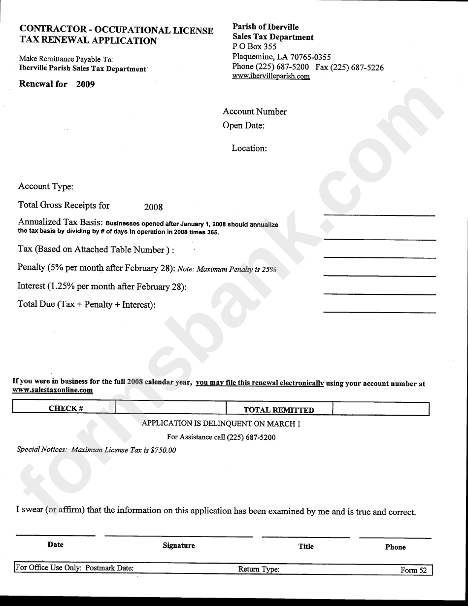 Form 52 - Contractor - Occupational License Tax Renewal Application - 2009