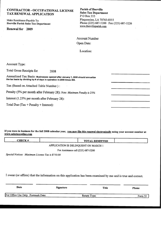 Form 52 - Contractor - Occupational License Tax Renewal Application - 2009 Printable pdf
