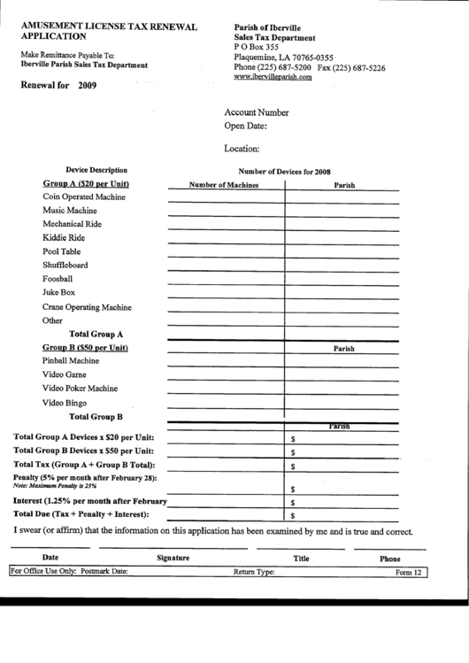 Form 12 - Amusement License Tax Renewal Application - 2009 Printable pdf