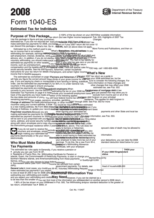 Form 1040-Es Instructions - Estimated Tax For Individuals - 2008 Printable pdf