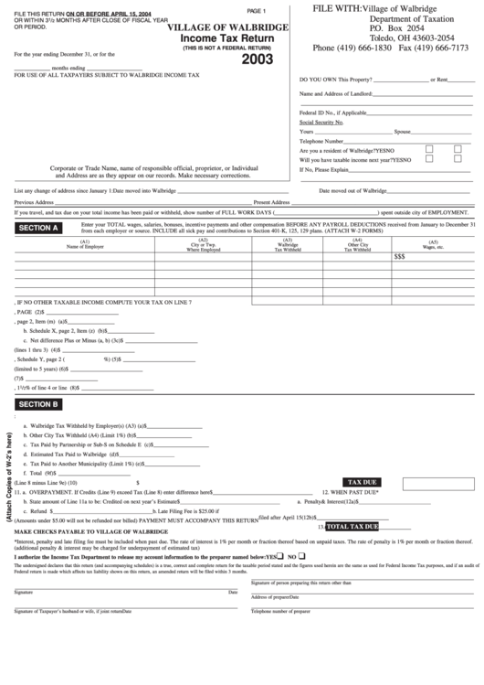 Income Tax Return - 2003 - Village Of Walbridge Printable pdf