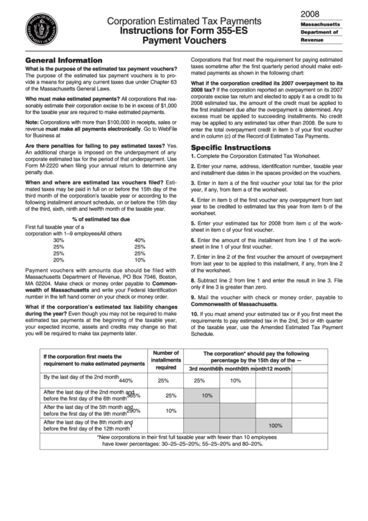 Corporation Estimated Tax Payments Instructions For Form 355-Es Payment Vouchers - 2008 Printable pdf