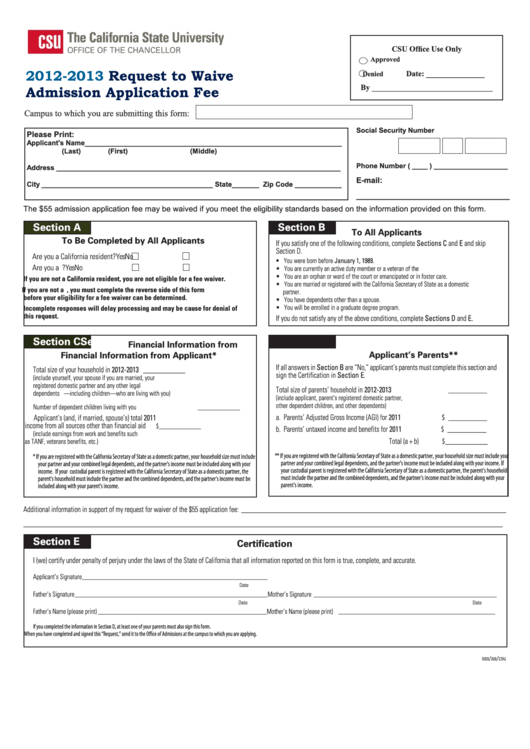 Request To Waive Admission Application Fee - 2012-2013 Printable pdf