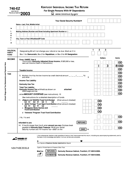 Form 740-Ez - Kentucky Individual Income Tax Return For Single Persons With No Dependents - 2003 Printable pdf