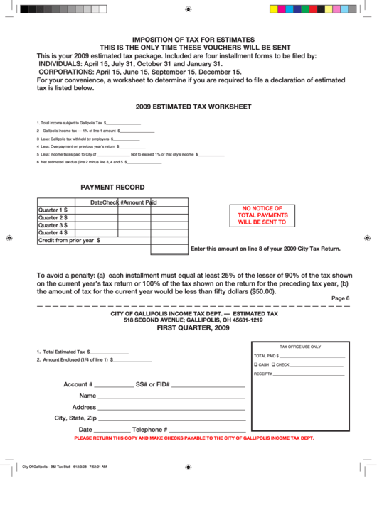 2009 Estimated Tax Worksheet - City Of Gallipolis Printable pdf