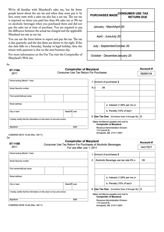 Form St-118a - Consumer Use Tax Return For Purchases - 2011 Printable pdf