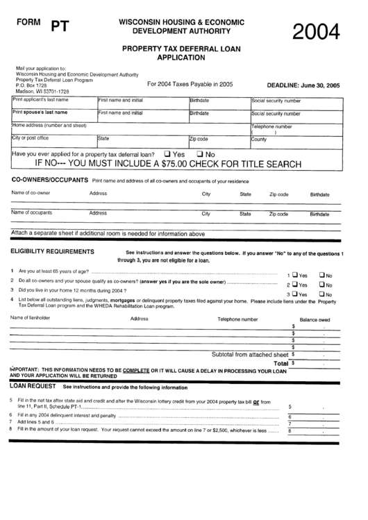Form Pt - Property Tax Deferral Loan Application 2004 Printable pdf