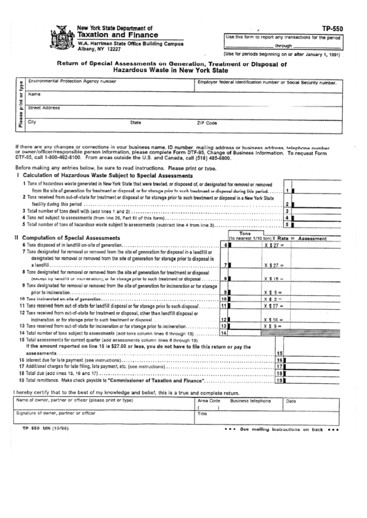 Form Tp-550 - Return Of Special Assessments On Generation, Treatment Or Disposal Of Hazardous Waste In New York State Printable pdf