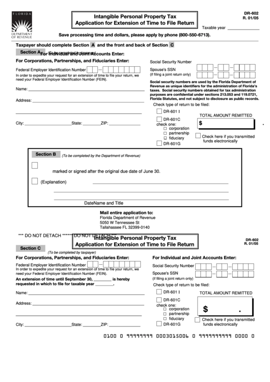Form Dr-602 - Intangible Personal Property Tax-Application For Extension Of Time To File Return - 2005 Printable pdf