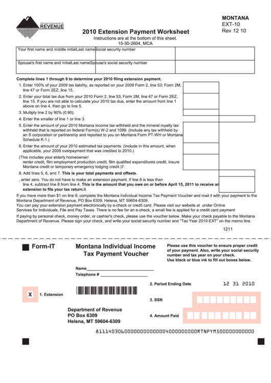 Montana Form Ext-10 - Extension Payment Worksheet - 2010 Printable pdf