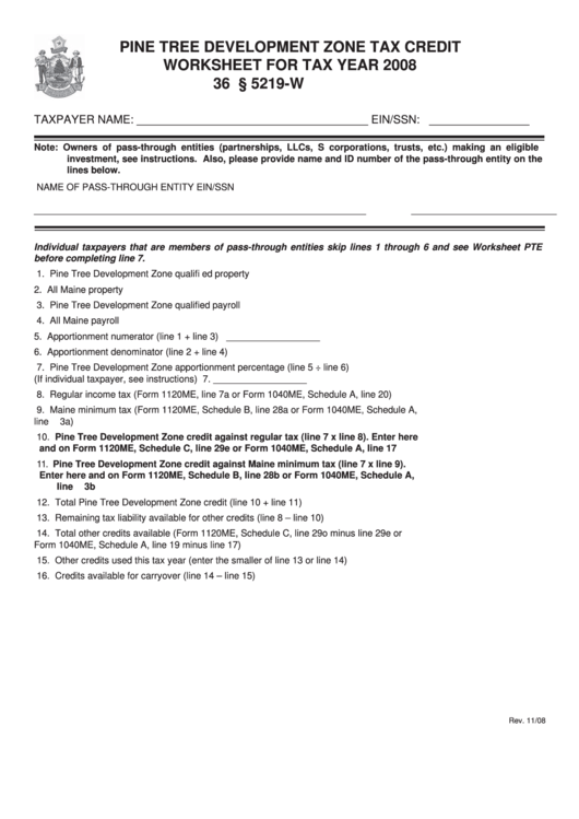 Pine Tree Development Zone Tax Credit Worksheet For Tax Year 2008 - Maine Department Of Revenue Printable pdf