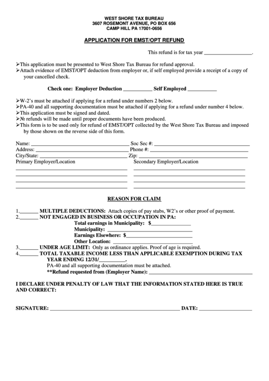 Application For Emst/opt Refund Form Printable pdf