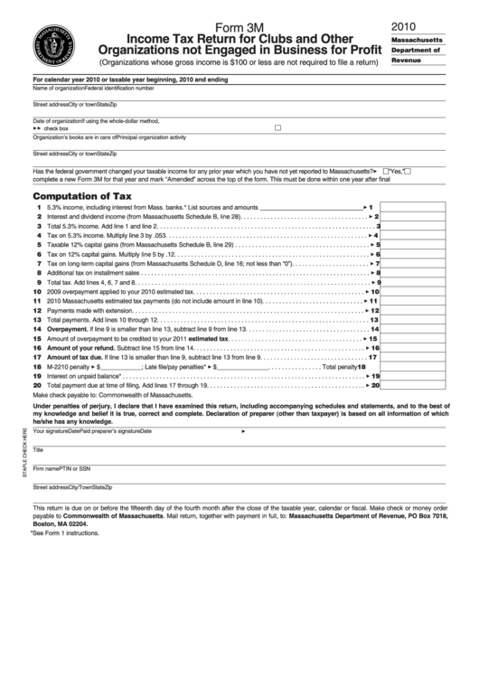 Form 3m - Income Tax Return For Clubs And Other Organizations Not Engaged In Business For Profit - 2010 Printable pdf