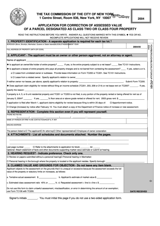 Form Tc101 - Application For Correction Of Assessed Value Of A Parcel - 2004 Printable pdf