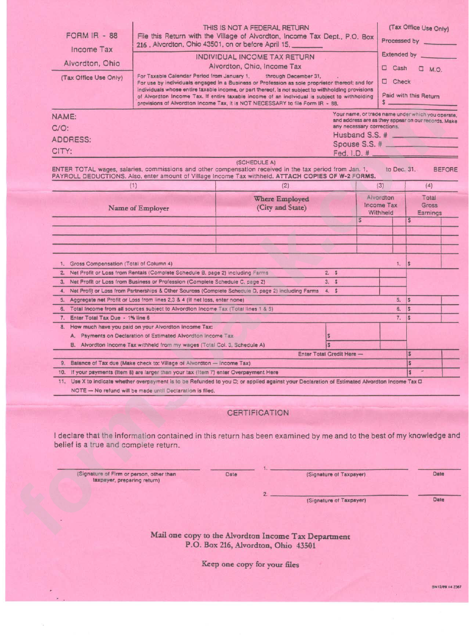 Form Ir - Individual Income Tax Return - Village Of Alvordton