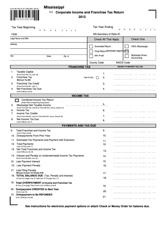 Form 83-105-12--8-1-000 - Corporate Income And Franchise Tax Return - 2012 Printable pdf