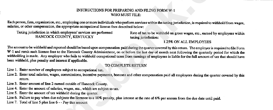 Instructions For Preparing And Filing Form W-1 - Hancock County