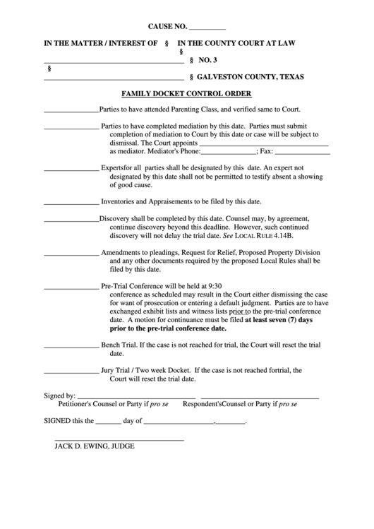 Family Docket Control Order - County Court Form Printable pdf