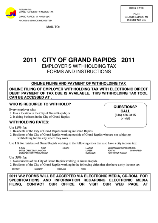 Employer's Withholding Tax Forms And Instructions - Grand Rapids City Income Tax - 2011