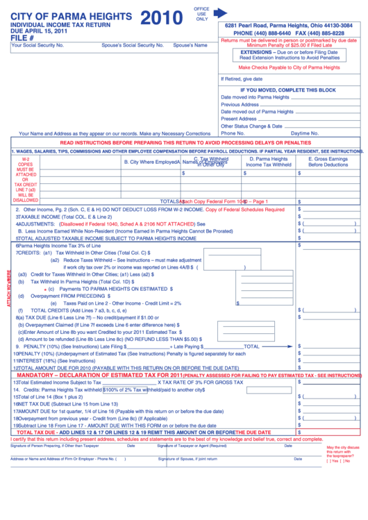 Individual Income Tax Return Form - City Of Parma Heights - 2010 Printable pdf