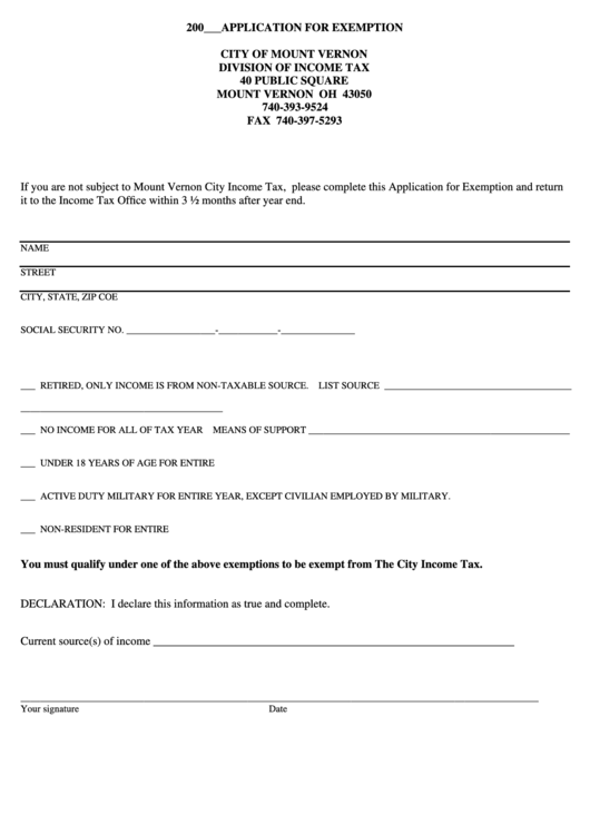 Application For Exemption - City Of Mount Vernon Printable pdf