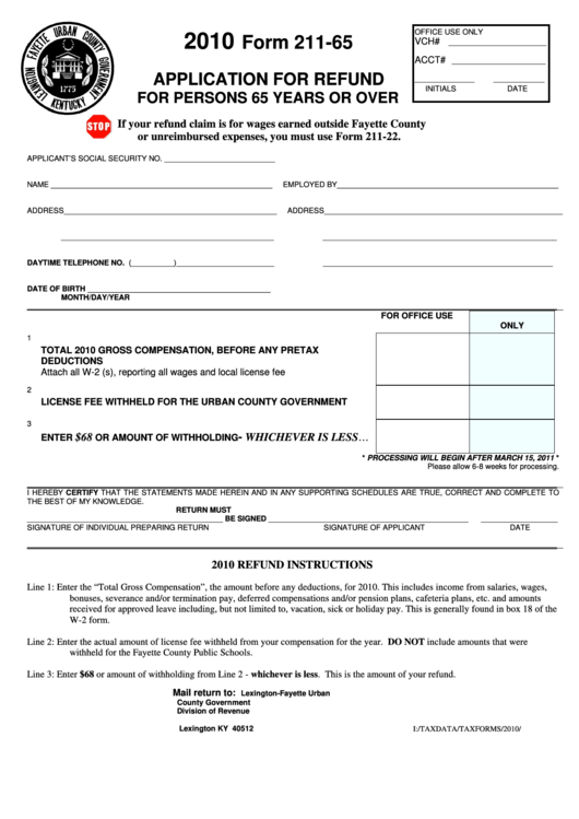 Form 211-65 - Application For Refund For Persons 65 Years Or Over - 2010 Printable pdf