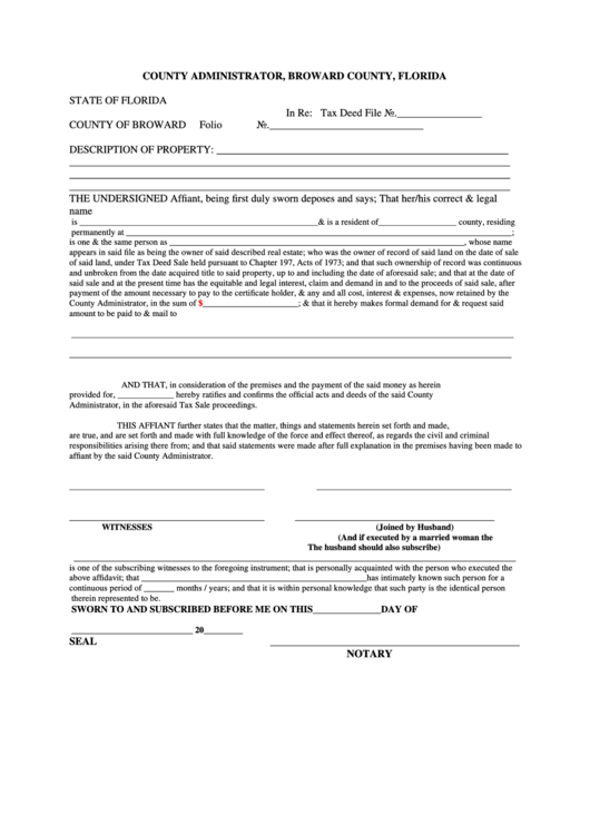 Fillable Affidavit Form Of County Of Broward, Florida Printable pdf