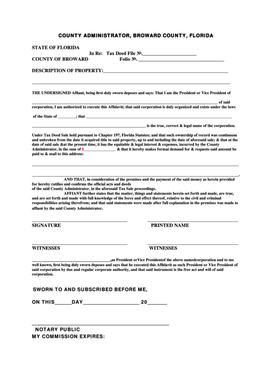 Fillable Affidavit Form - Broward County, Florida Printable pdf