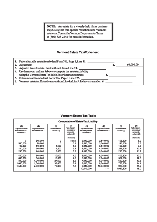 Vermont Estate Tax Form Printable pdf