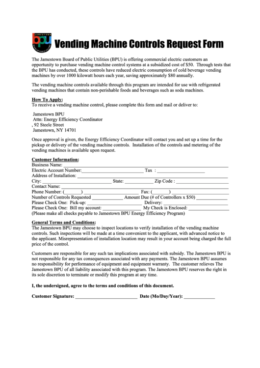 Vending Machine Controls Request Form Jamestown Board Of Public Utilities New York printable