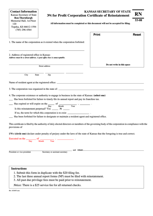 Fillable Form Rn 53-08 - Not For Profit Corporation Certificate Of Reinstatement - 2003 Printable pdf