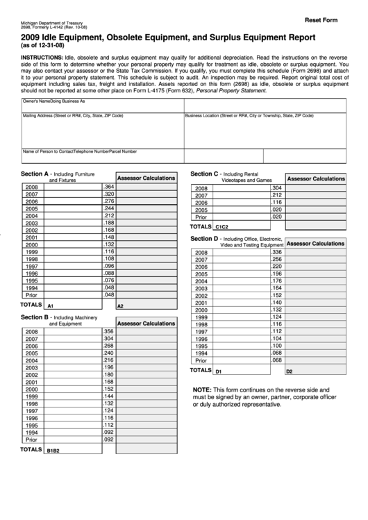 Fillable Form 2698 - Idle Equipment, Obsolete Equipment, And Surplus Equipment Report - 2009 Printable pdf