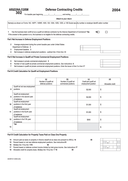 Arizona Form 302 - Defense Contracting Credits - 2004 Printable pdf