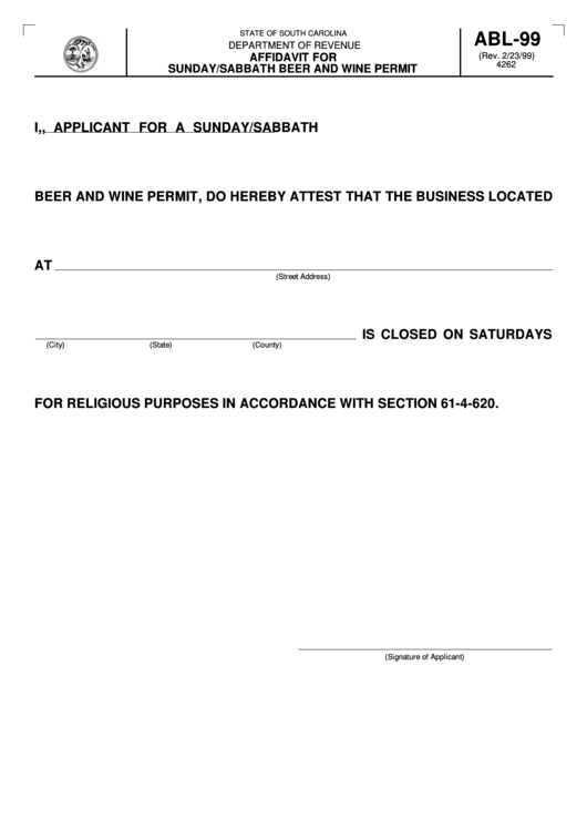Form Abl-99 - Affidavit For Sunday/sabbath Beer And Wine Permit Printable pdf