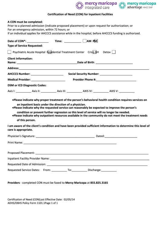 Fillable Adhs/dbhs Policy Form 1101.1 - Certification Of Need (Con) For Inpatient Facilities Form - Arizona Department Of Health Services Printable pdf