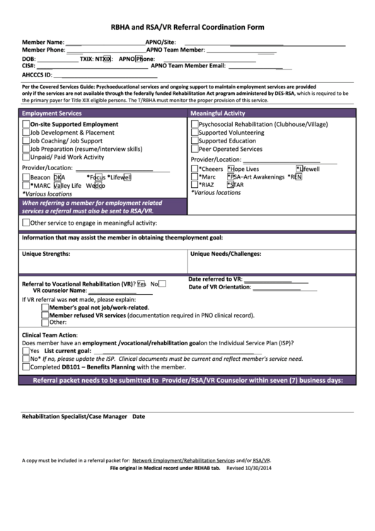 Fillable Rbha And Rsa/vr Referral Coordination Form - Arizona Department Of Health Services Printable pdf