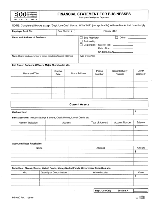 Form De 926c - Finansial Statement For Businesses Printable pdf