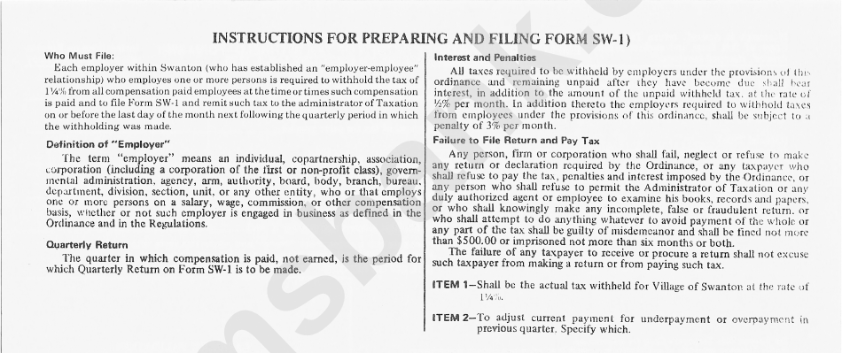 Instructions For Preparing And Filing Form Sw-1