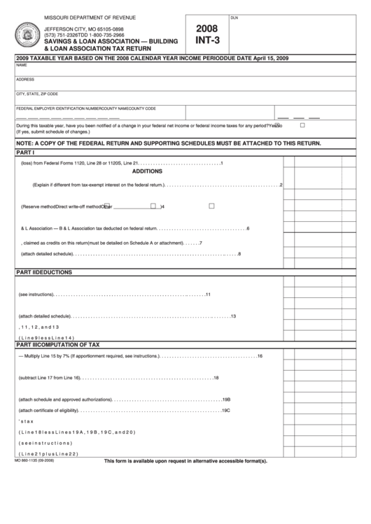 Fillable Form Int-3 - Savings & Loan Association - Building & Loan Association Tax Return - 2008 Printable pdf